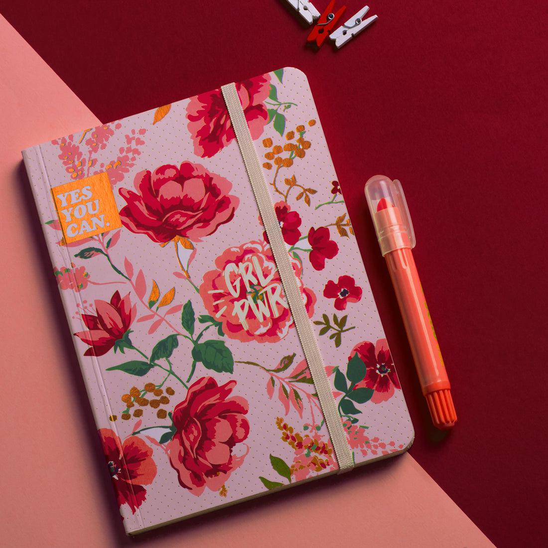 Pink Vintage Floral Rubber Band Notebook A6